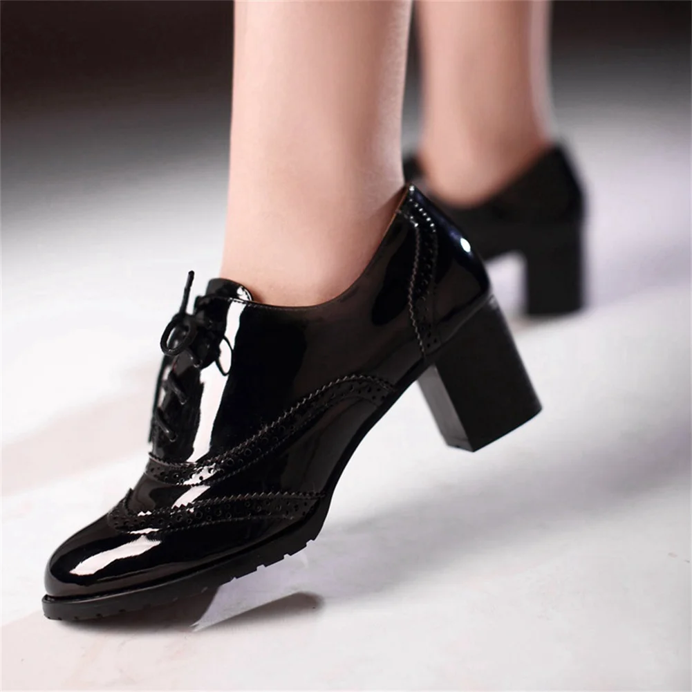 Big Size 34-43 Brand New Female Lace-up Oxfords Pumps Fashion Thick High Heels women's Pumps Party Office Retro Woman Shoes