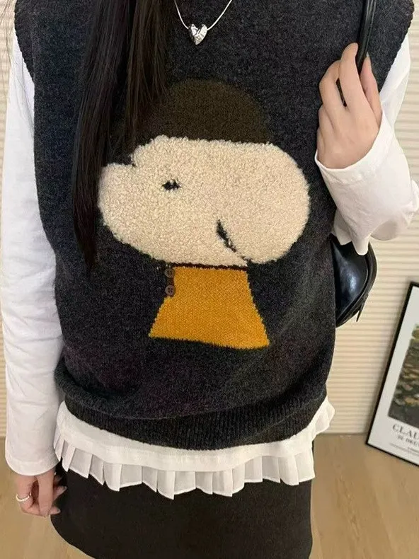 

Korean Sle Spring Autumn Cartoon Doggies round Ne Knitted Vest Women Slim Fit Overhead Sweater Layering oulder Pad Vest