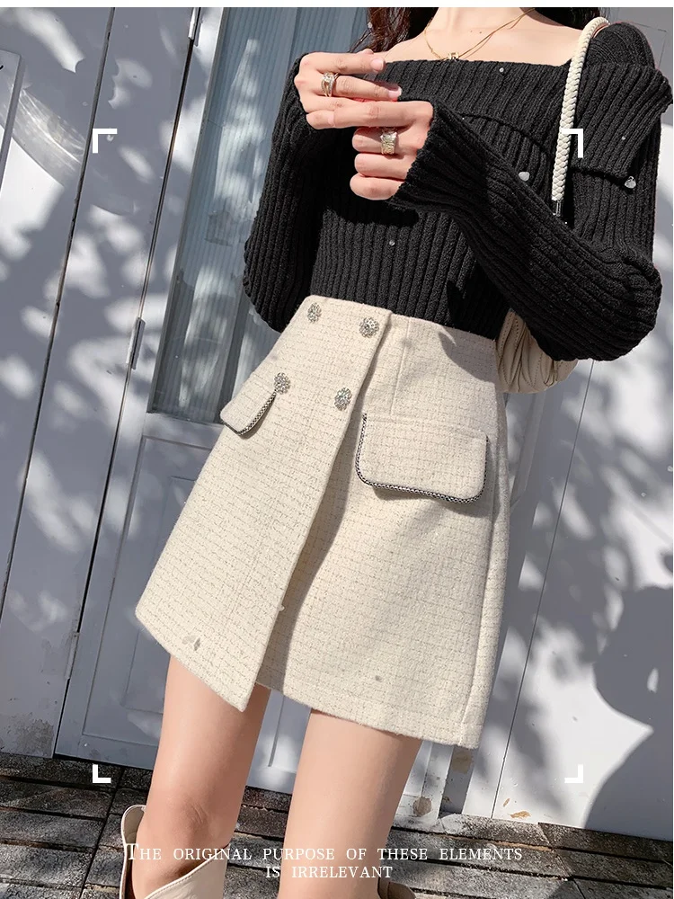 SMTHMA Beige Black Skirts For Women 2024 Faldas Mujer De Moda Vintage Tweed Vintage Jupe Vintage Korean Saia A-Line Mini Skirt