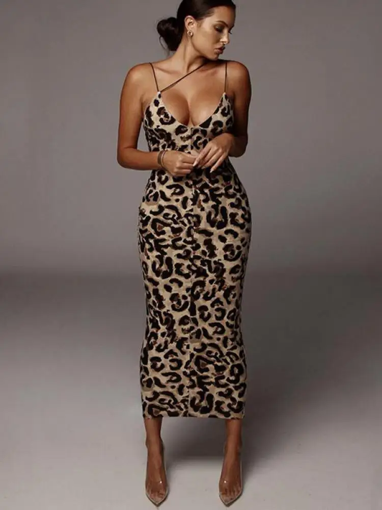 AOSSVIAO-vestido midi con estampado de leopardo para mujer, traje sexy sin mangas con cuello en V, ropa de calle a la moda para primavera y fiesta de navidad