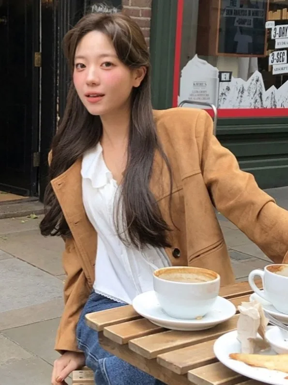 Koreaanse Sle ort Suede Jaet dames chique zeemeerminjas met enkele knop, trendy losse pasvorm, normaal dun dagelijks gebruik