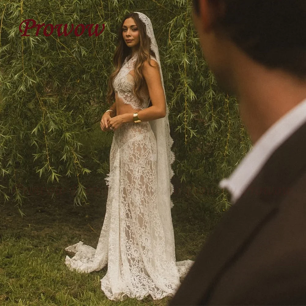 

Prowow Sexy O Neck Boho Mermaid Wedding Dress Sleeveless Lace Bridal Gown with Bra Side Slit Sweep Train Zipper Back Customized