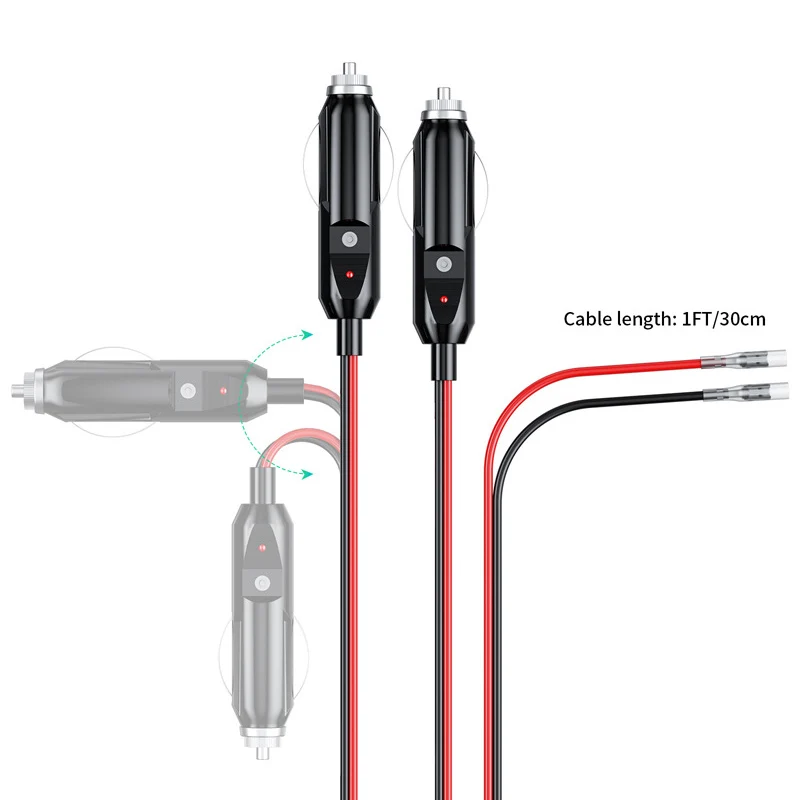 2 Pack 12V Fused Replacement Cigarette Lighter Male Plug Adapter with Leads LED Light With 16AWG Extension Cable and 15A Fuse