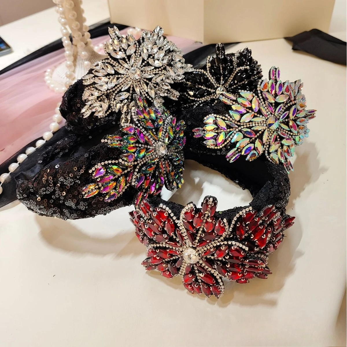 

European and American Retro Luxury Braided Sequin Full Diamond Flower Wide Headband Party Hair Accessory