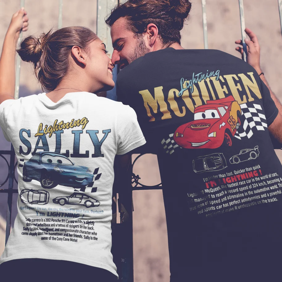 Lightning Mcqueen and Sally Couples Print Short Sleeves T shirt For Boyfriend Girlfriend Outfit Men Women Sally Mcqueen T Shirts