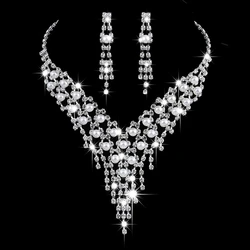 Luxury Simulated Pearl Tassels Bride Wedding Necklace Earing Set Crystal Zircon Wedding Bridal Jewelry For Women Bijoux Gift