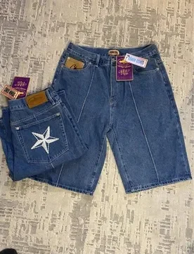 Cortez-Shorts Masculinos Star Pattern Denim Cargo, Shorts de Rock Personalizados, Hip Hop, Calças Retro Street, Roupas Casuais, Anos 2000