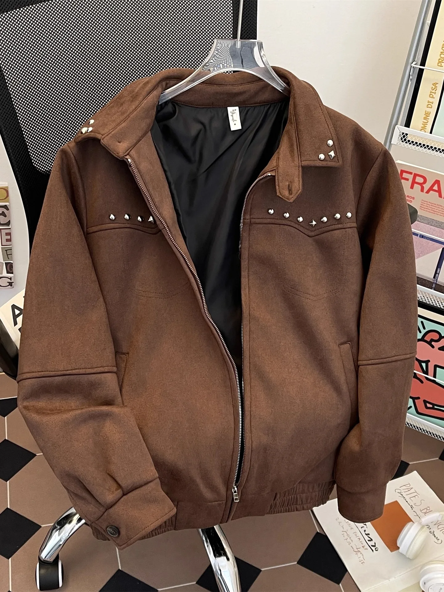 سترة نسائية من جلد الغزال البني نمط صديقها معطف مقصوص عتيق للدراجات النارية موستانج ملابس خارجية 2000s ملابس الخريف