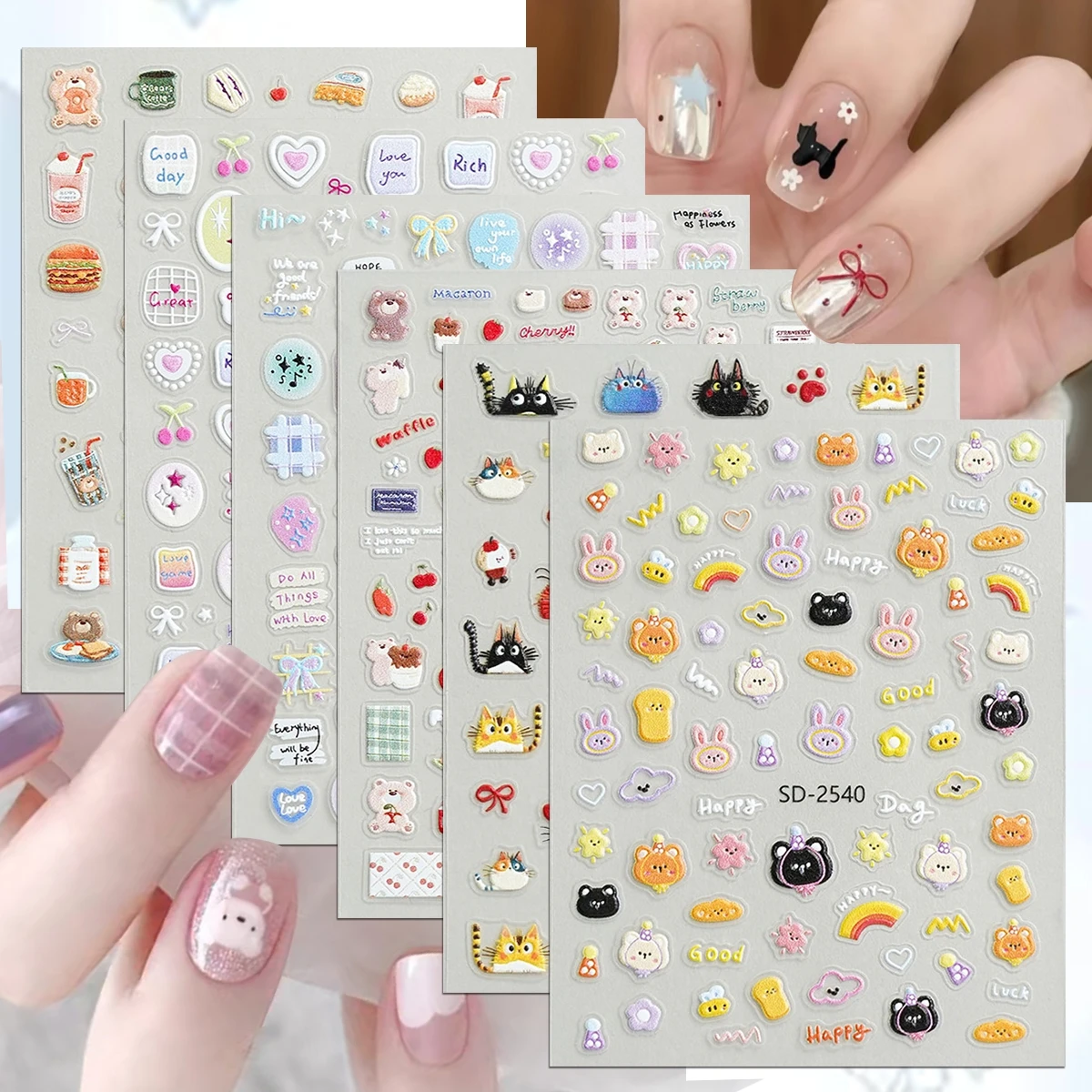 

3/6/12 Sheets Cute Nail Stickers 5D Cartoon Bunny Cat Bear Food Heart Bow Jelly Embossed Self-Adhesive Kawaii Nail Art Decals