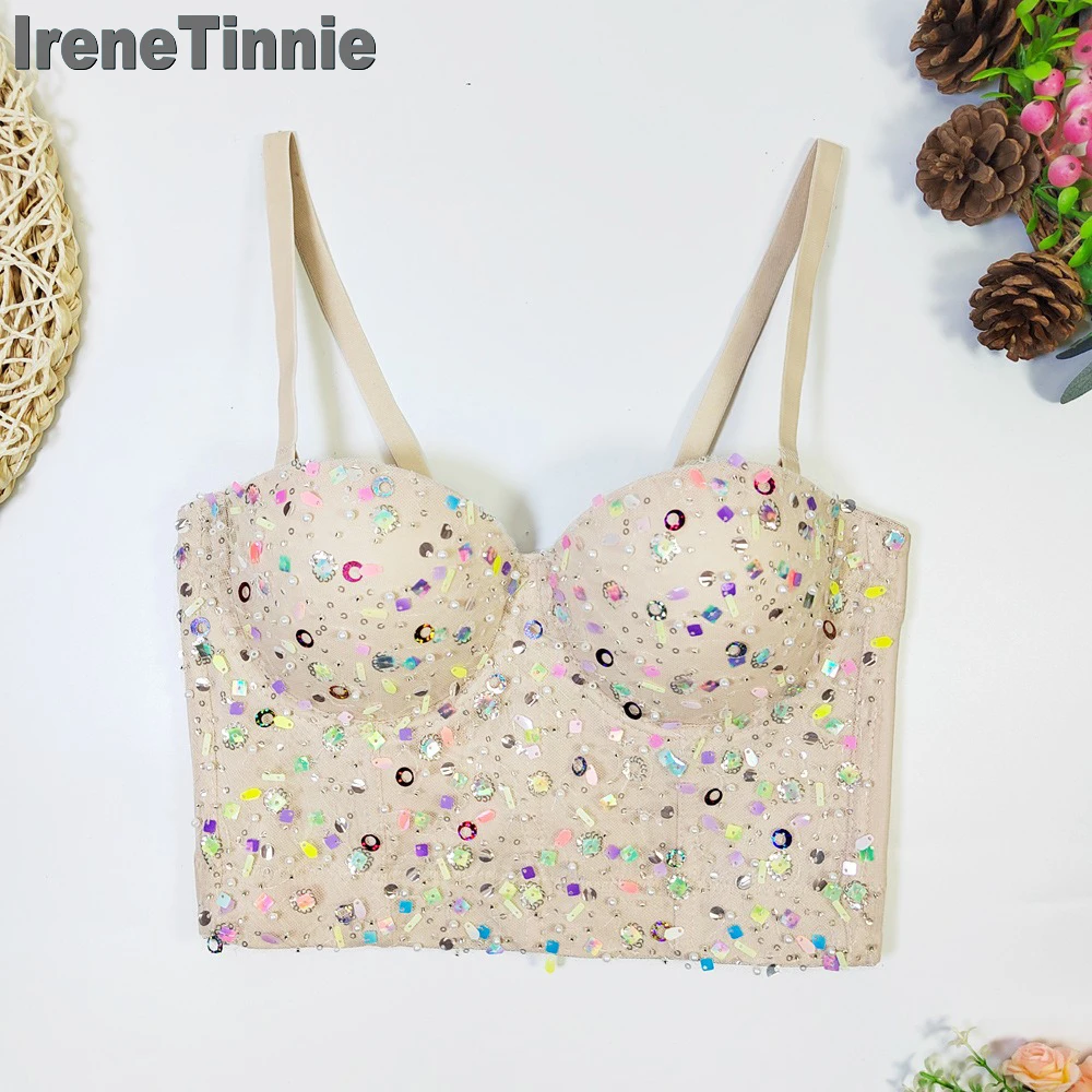 

IRENE TINNIE Sparkly Corset Multicolor Solid Colors Women Short Top Built-in Chest Pad Crop Top Individuality Trend Party Vest