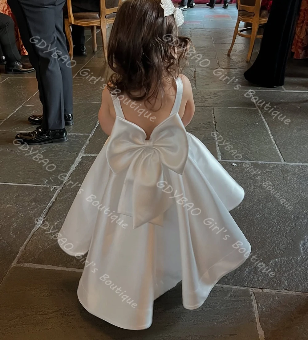 Vestido de niña de flores blanco para boda, vestido de primera comunión hasta el tobillo con espalda descubierta y lazo de satén, vestido de fiesta personalizado