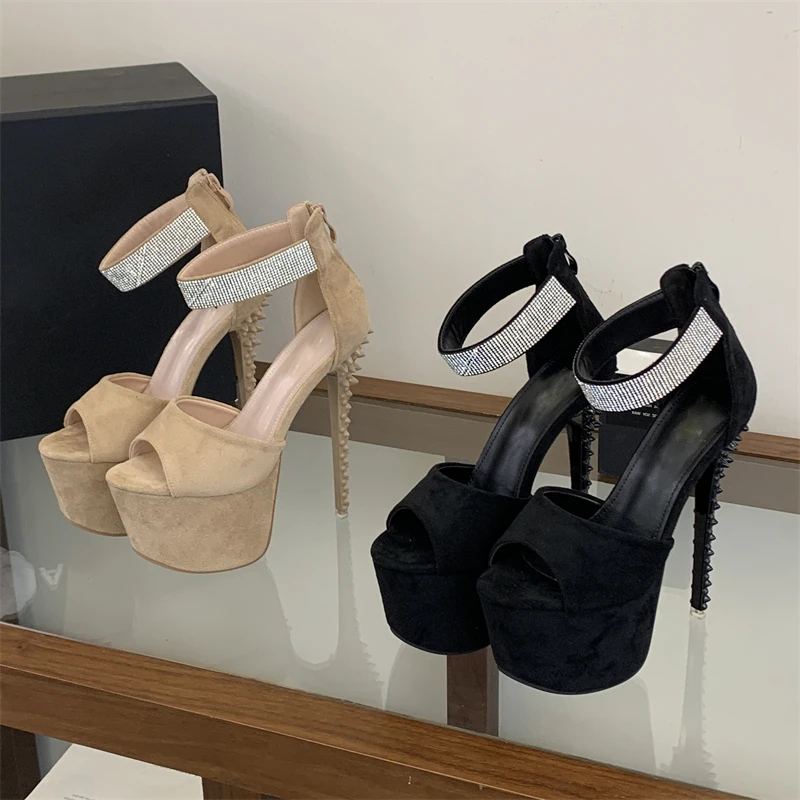 Aneikeh Beige Suede Platform Heels Stiletto High Heel Peep Toe Rhinestone Crystal Ankle Strap Sandals Party Nightclub Lady Shoes