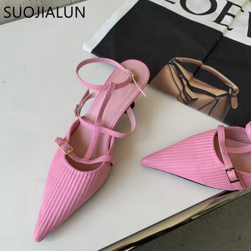 SUOJIALUN 2023 Spring New Woomen Pointed Toe Sandal Shoes Fashion Ankle Strap Ladies Elegant Slingback Thin Low Heel Dress Pumps