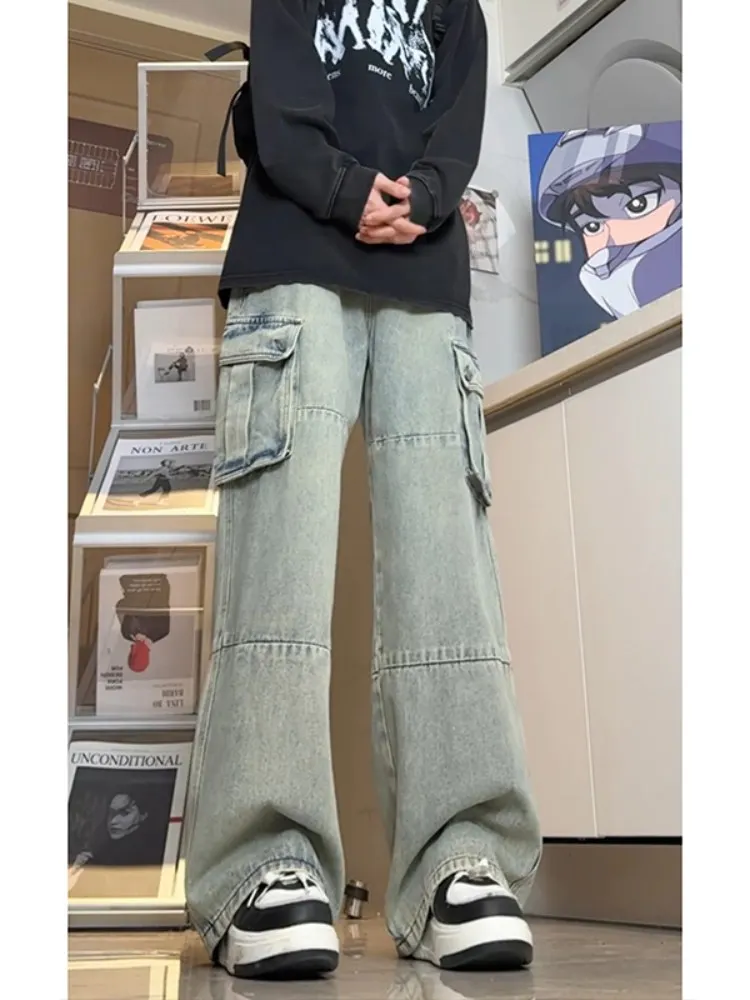

American Retro Workwear Jeans Men's High Waist Wide Leg Floor-Length Pants Summer New Straight Cut Trousers Durable Youth Fas...