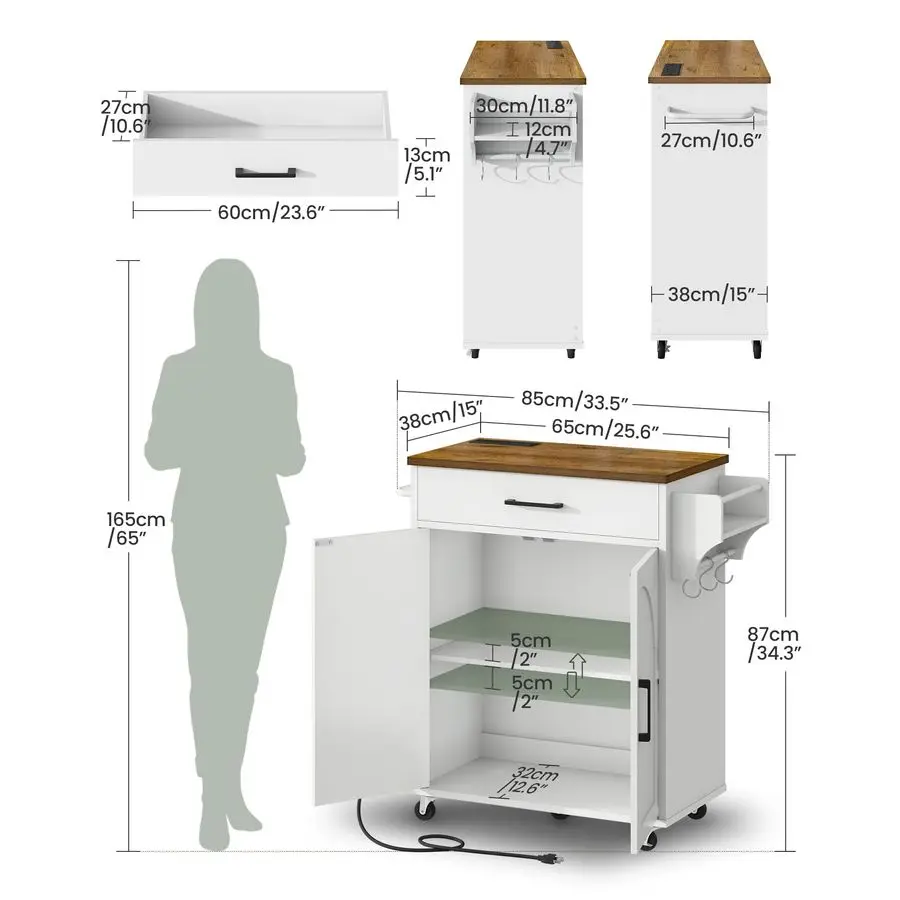 عربة جزيرة مع مساحة تخزين، جزيرة مطبخ مع مخرج طاقة، طاولة مطبخ دوارة مع رف توابل، طاولة خادم بوفيه متنقلة، f