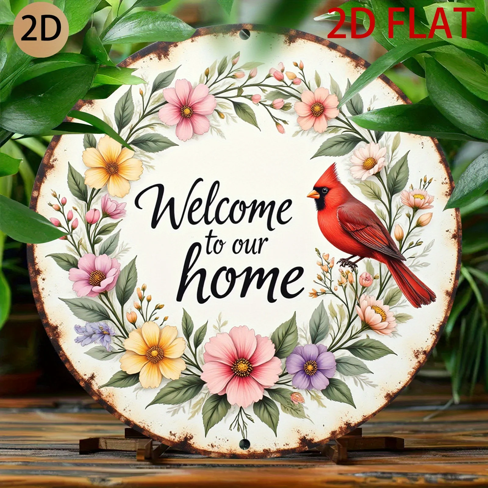 2D Flat - A Round Metal Sign Featuring a Circular Rust Effect, Adorned with a Floral Wreath And a Red Cardinal, Along with The P