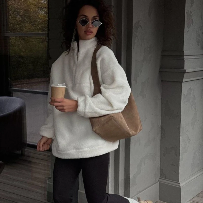 

2025 Autumn/Winter New Solid Color Lamb Fleece Versatile Personalized Warm Half Zipper Collar Plush Coat for Women