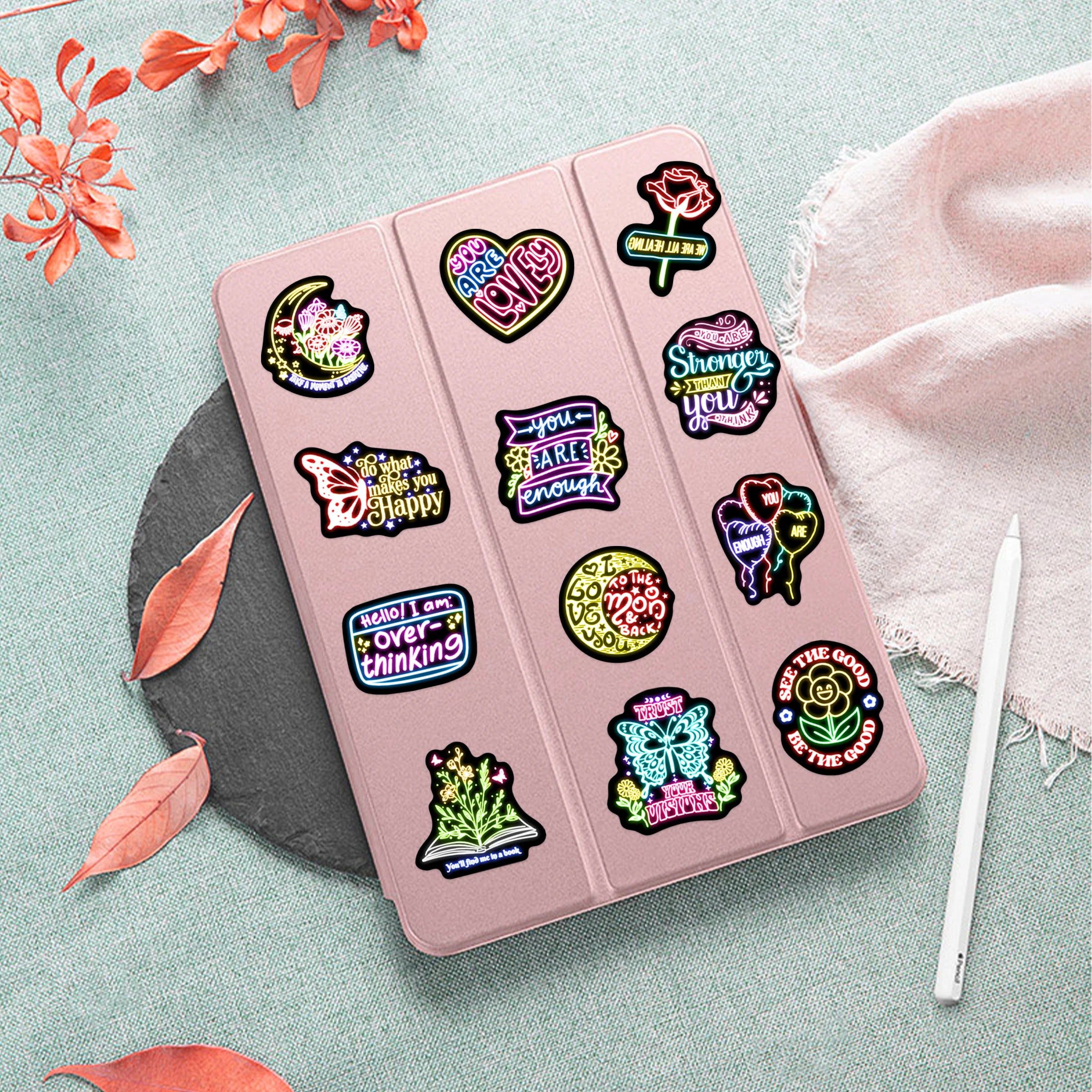 50Pcs Neon Phrase Pattern Glow in the Dark Stickers Waterproof Vinyl Decals Computer Phone Case Decoration for Kids DIY Gifts