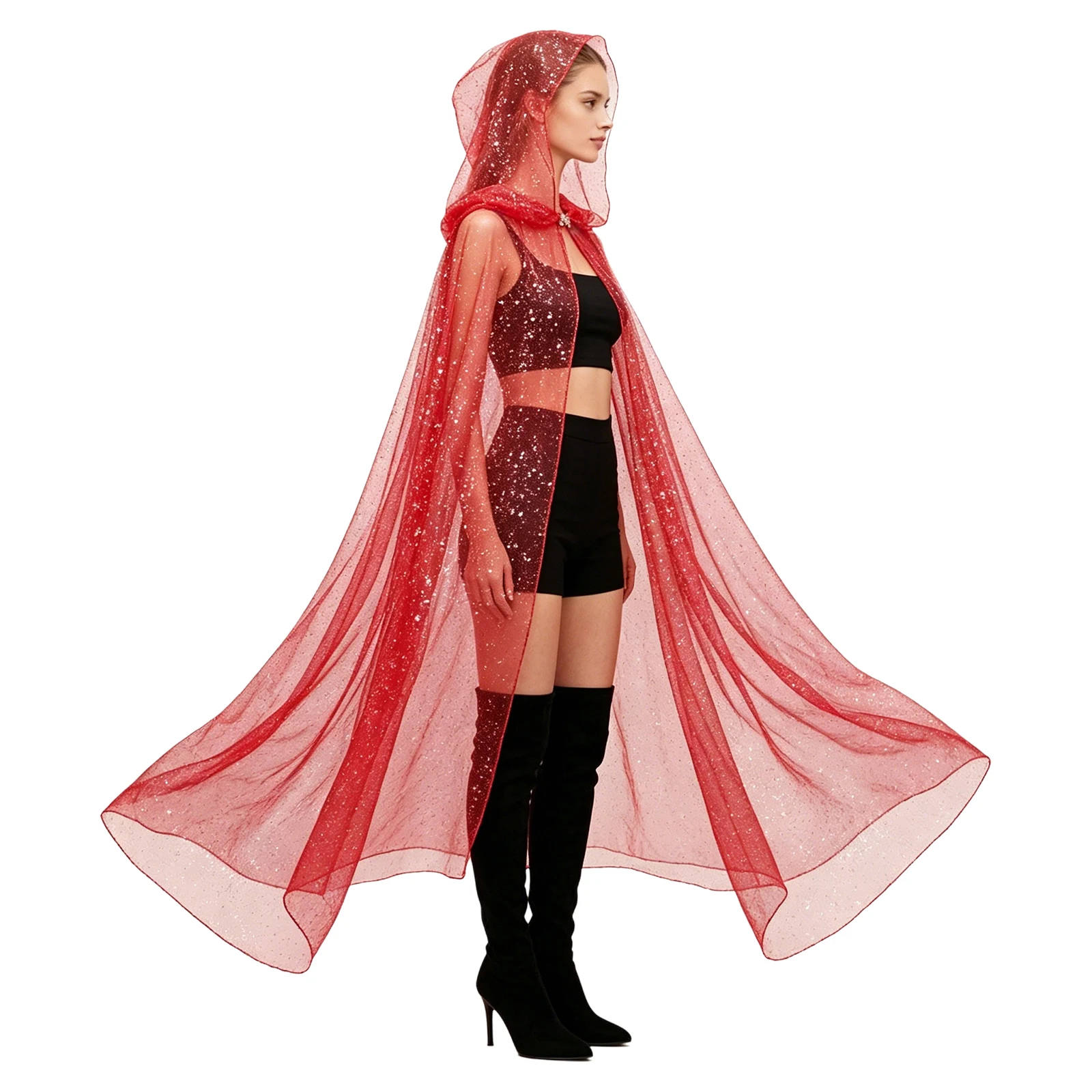 Women Long Sheer Hooded Star Mesh Tulle Cape Cloak with Rhinestone Clasp for Cosplay Stage Performance Halloween Party