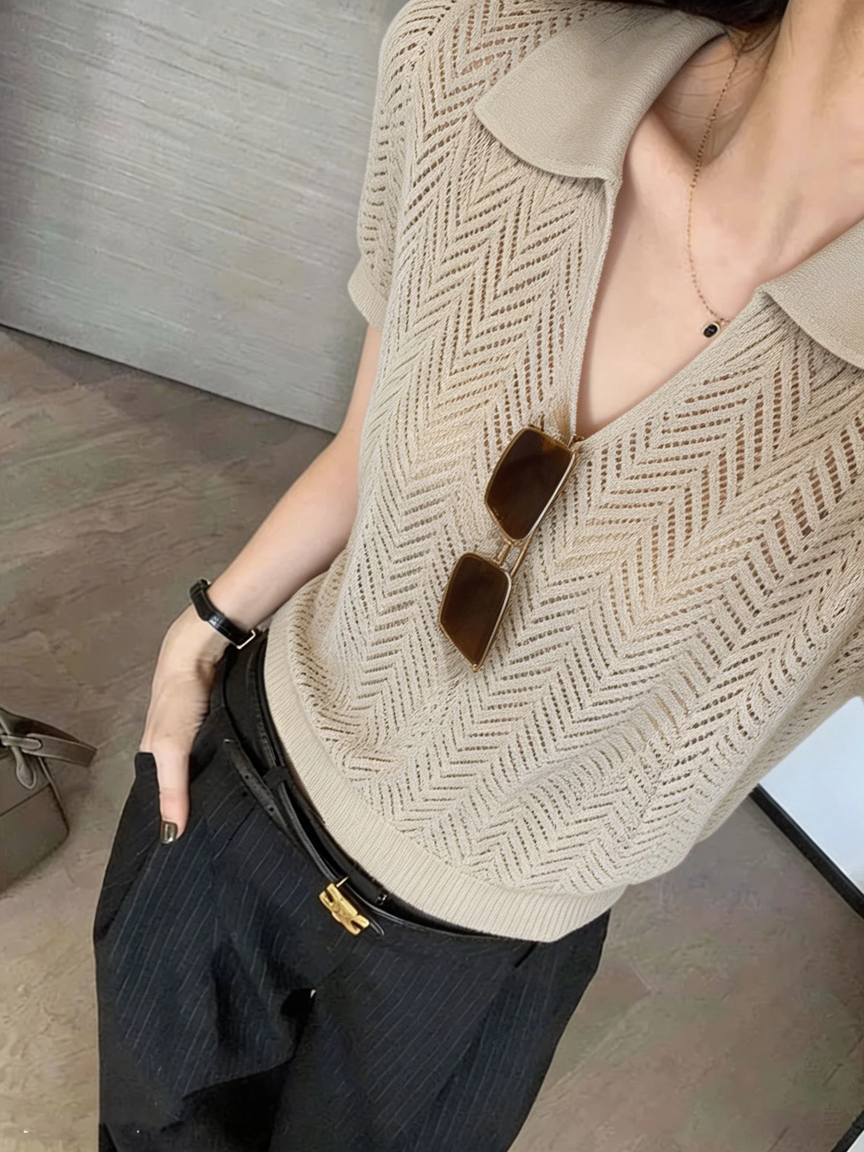 

Ice Silk Knitted Shirt Hollow out Collared Top for Women Casual Style Summer New Arrival Money-Like Style Short Sleeve T...