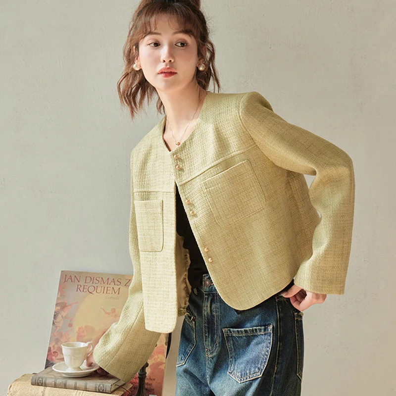 Hdspq Vintage Cropped Tweed Jacket Women 2023 Autumn Loose O Neck Long Sleeve Outwear Woman Elegant Gold Button Jacket Tops