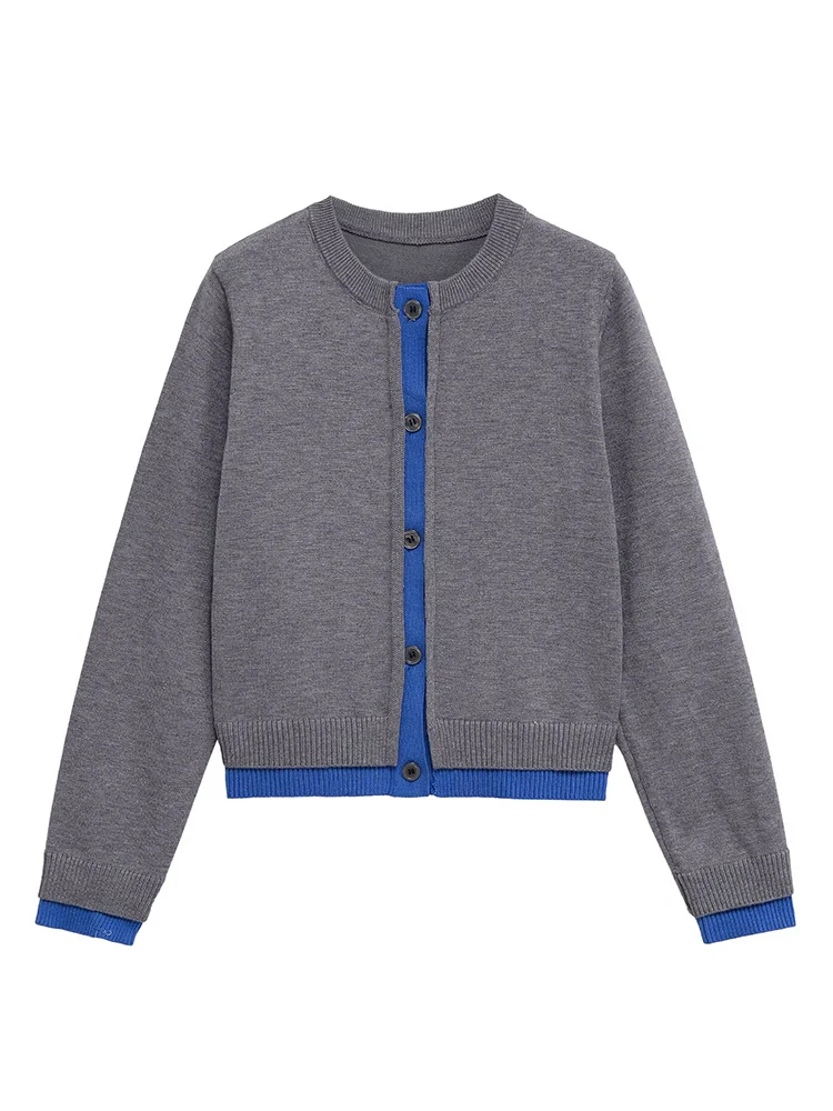 

European style new women's fashion versatile temperament button stitching round neck long sleeve knitted jacket