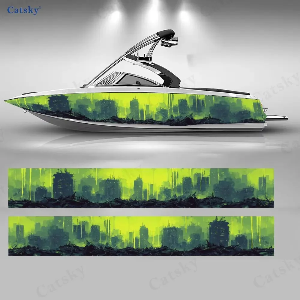 2Pcs Yellow-Green Ruined City Boat Stickers, PVC Waterproof Vinyl Wrap Decals for Fishing Boats, Durable and Stylish Design
