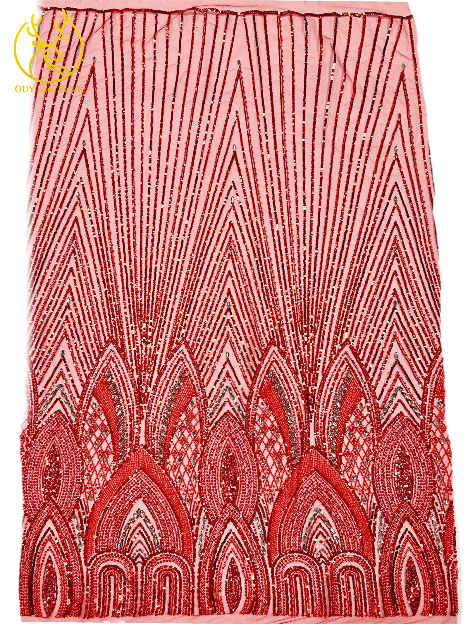 Red African Beaded Gemstone Lace Fabric High Quality French Sequins Stone Tulle Lace Nigerian Women Party Wedding Dress Sewing