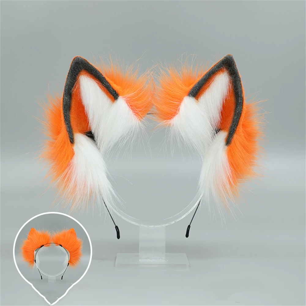 2024 Furry Plush Foldable Wolf Cat Ears Headband Orange Color Simutation Animal Hair Hoop Japanese Kawaii Cosplay Headpiece Gift