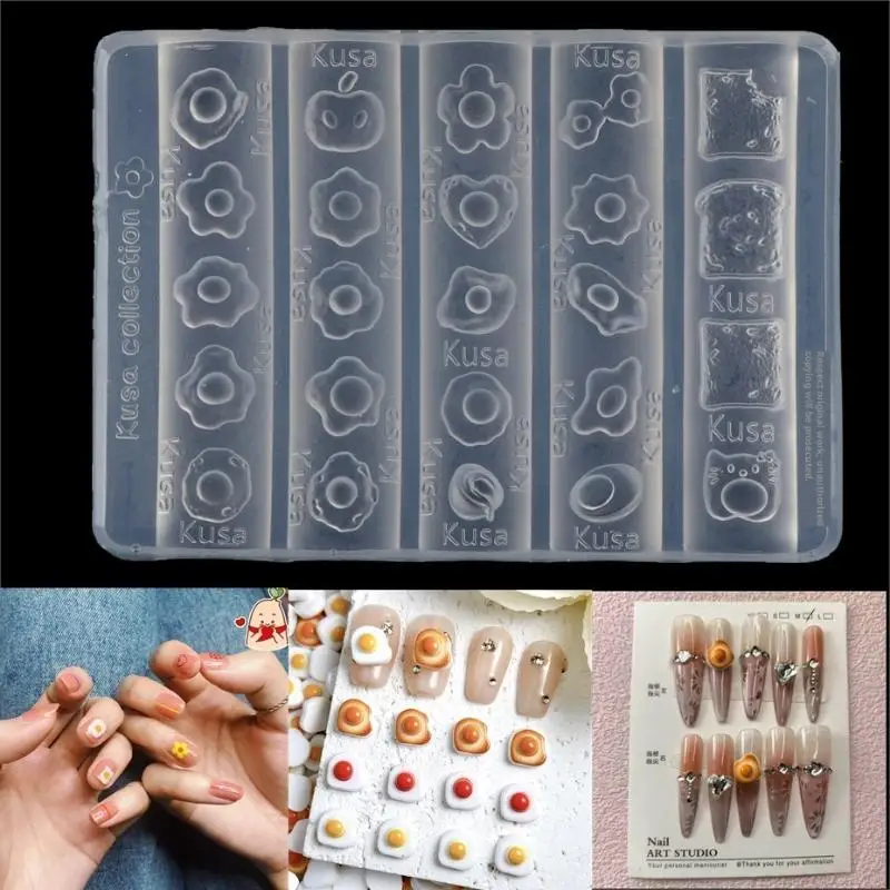

1 PCS Nail Mold Combination Cartoon Cute Flower Heart Shape Fried Egg Toast 3D Silicone Nail Decoration Transparent Mold