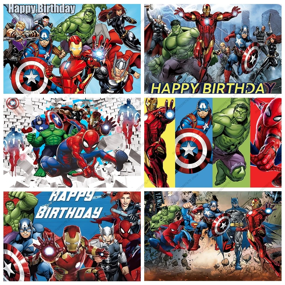 MARVEL Photography Backgrounds Spiderman Iron Man Hulk Vinyl Backdrop Children\'s Birthday Cake Table Decor Banner Party Supplies