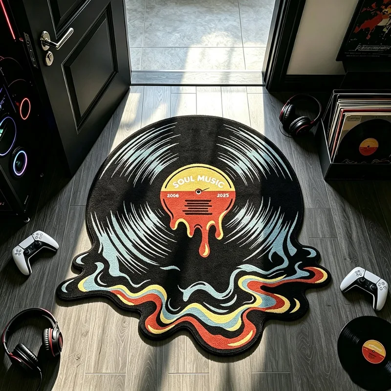 Vintage Vinyl Record Irregular Rug Trendy Creative Gaming Room Bedroom Floor Mat Unique Art Plush Decor Carpet for Living Room