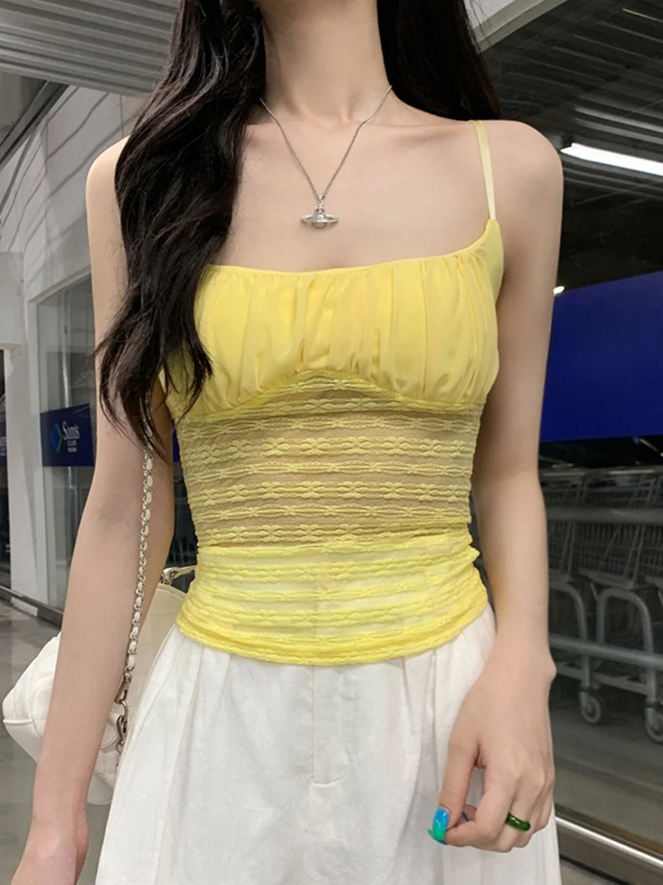 เสื้อครอปท็อปผ้าลูกไม้สำหรับผู้หญิง ดีไซน์เซนเซชั่น พร้อมเข็มขัดรัดเอว เสื้อกล้ามบางเบาสำหรับฤดูร้อน ใส่เป็นเสื้อซับในลำลอง แบรนด์ Sle Fidouha