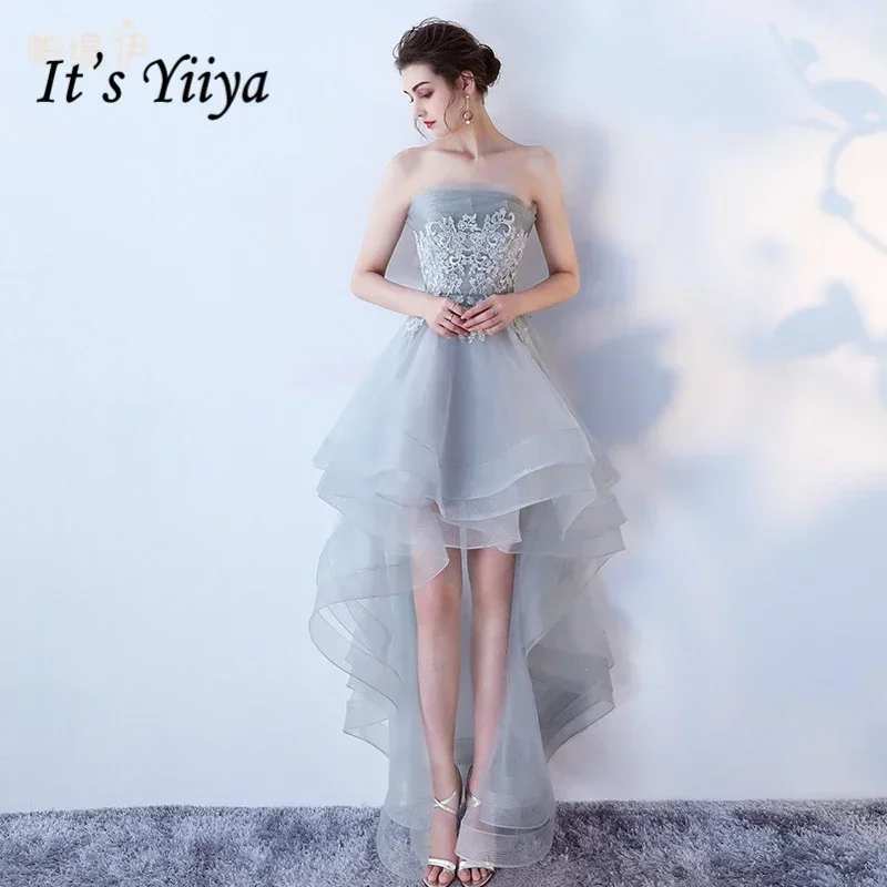 การปรับแต่ง It's Yiiya ชุดราตรีสีเทา Tulle Strapless ไม่สมมาตรที่มีชื่อเสียง Designer PLUS ขนาดผู้หญิง PARTY ชุดอย่างเป็นทางการ LX220