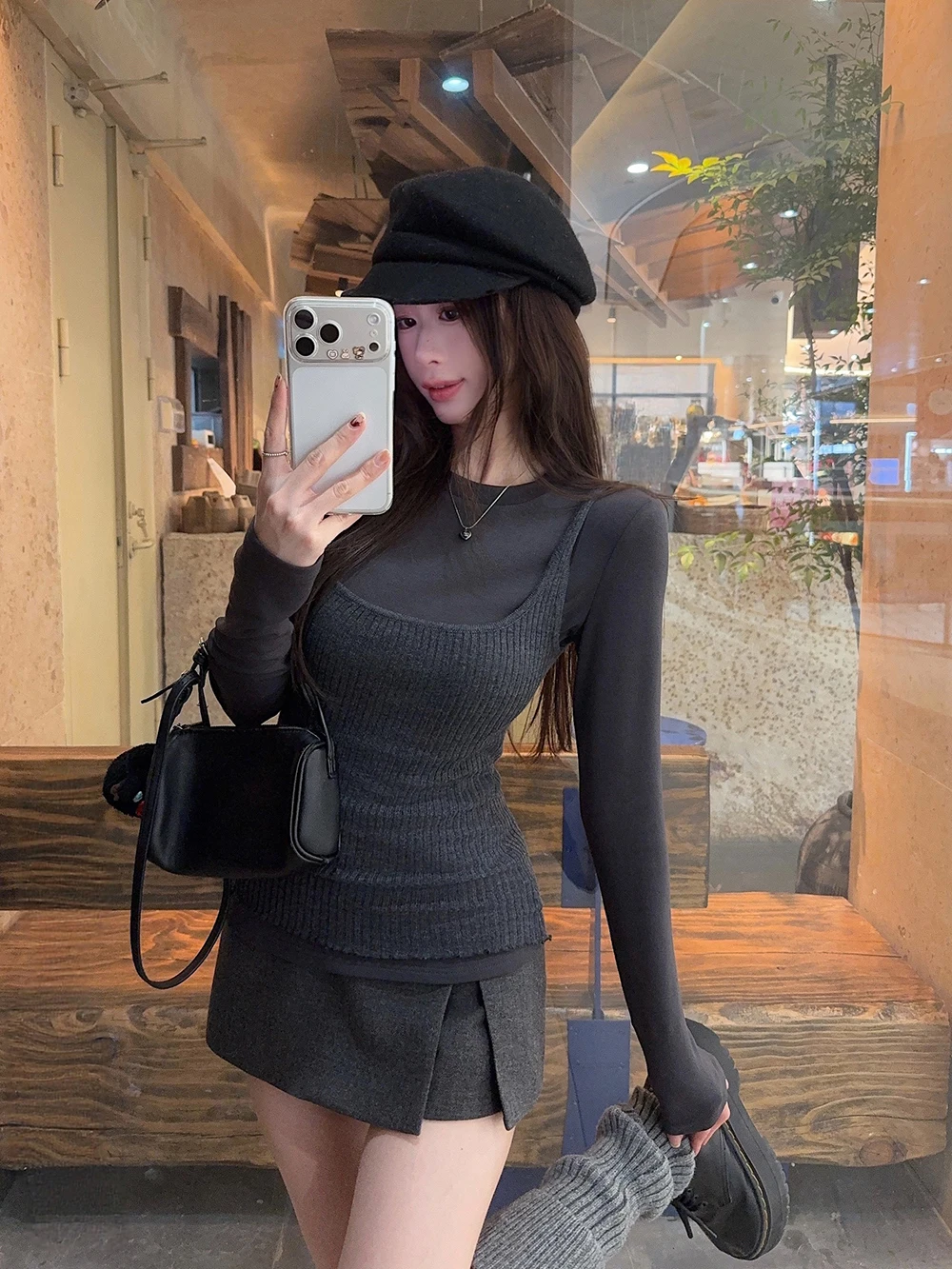 

Deep Grey Slim Fit Long Sleeve T-Shirt Set with Halter Neck Vest And High Waist A-Line Skirt for Women Winter Casual Out...