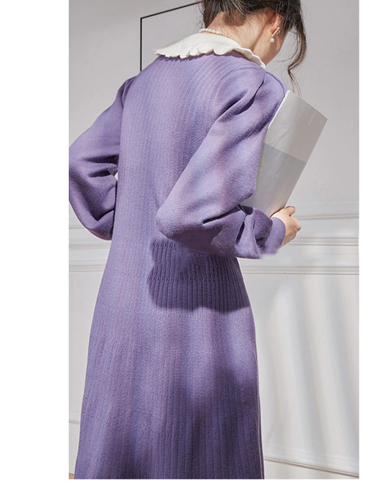 French Vintage Kint Sweater Dress for Women Winter Violet Contrasting Doll Neck Long Sleeve High Waist Spring Evening Dress Hot
