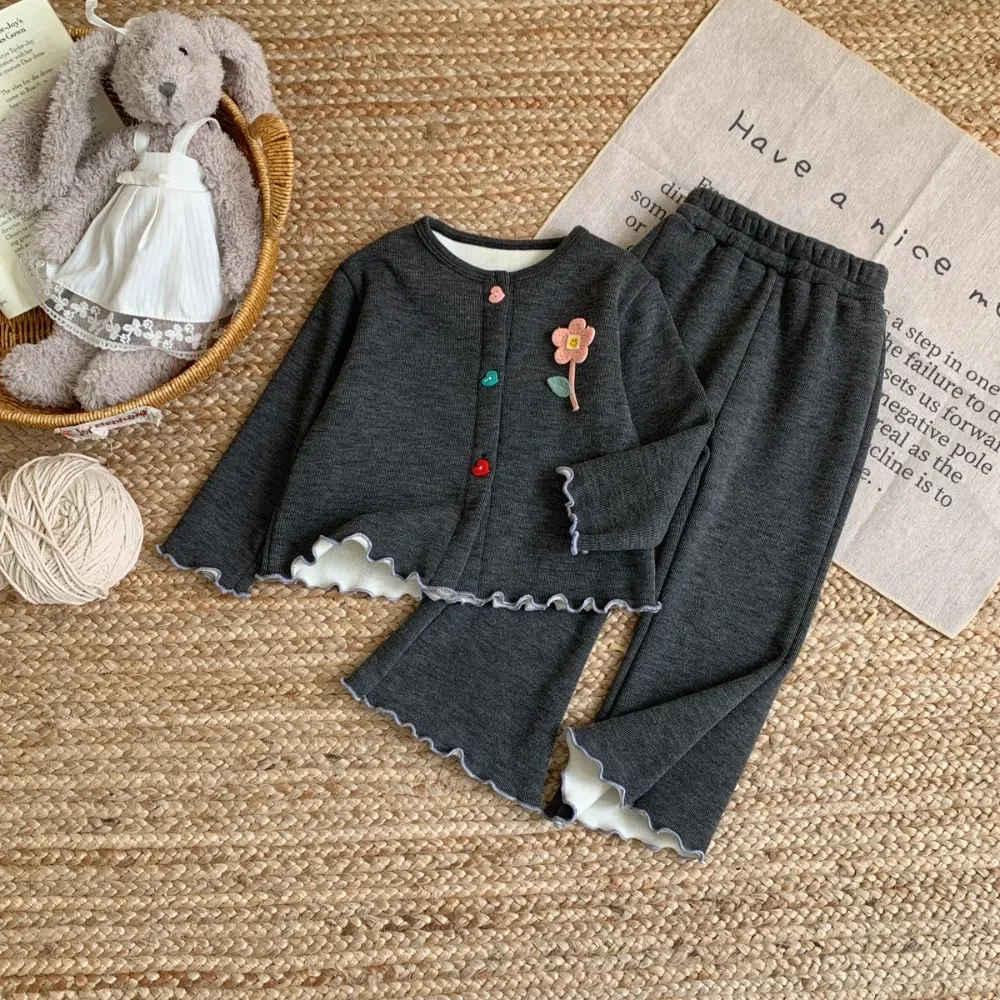 Herbst Mode Plüsch Mädchen Casual Anzug Einreiher Langarm Top + Rüschen Hosen Zwei Stück Set für Kinder 2-7 jahre Alt – Detail 4