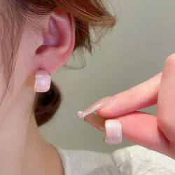 Exquisite Geometry Arc C Shaped Stud Earrings for Women Simple Pink Color Enamel Glaze Curved Ear Jewelry Friend Christmas Gift