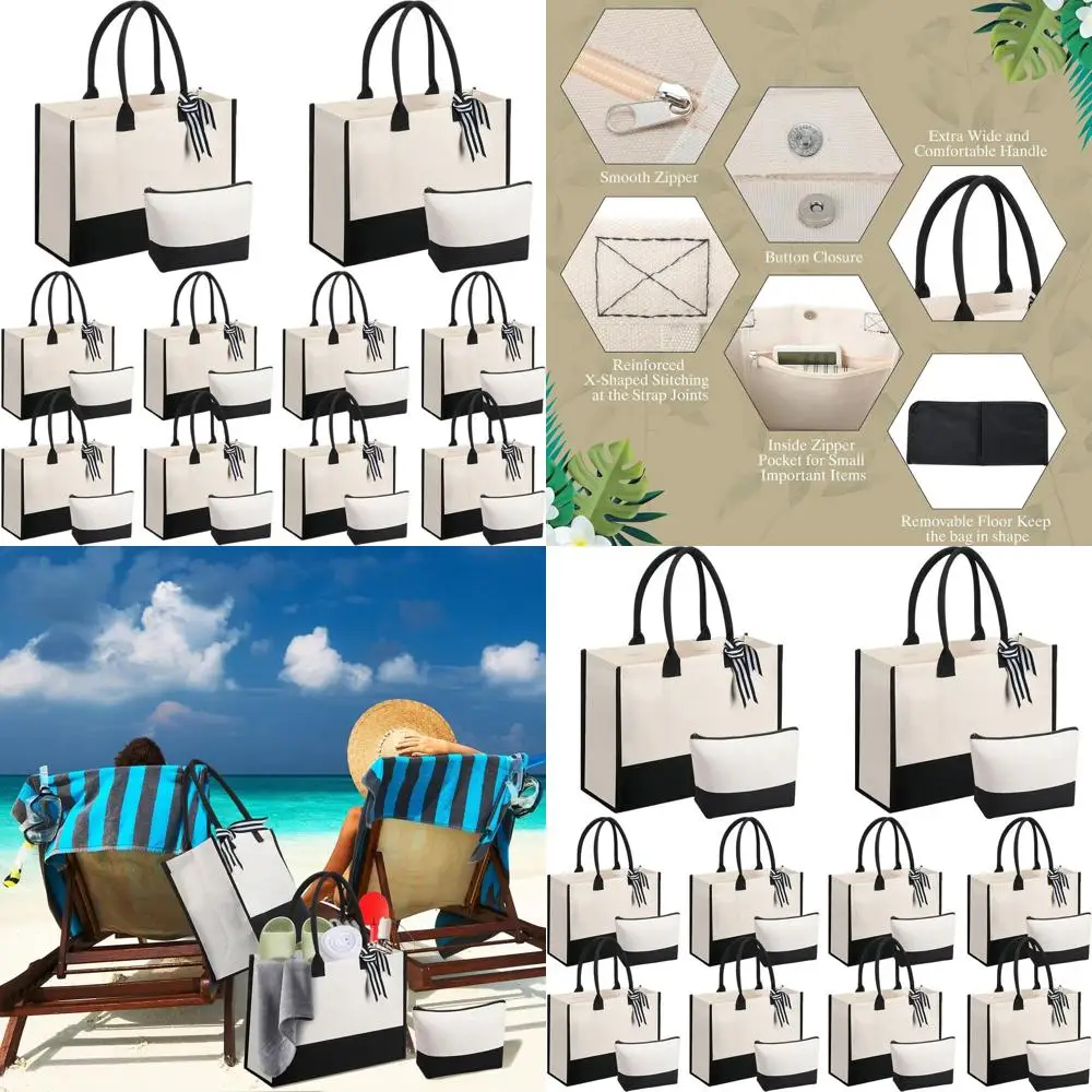 

10-Piece Canvas Tote Set with Zippered Pockets and Makeup Bag - Perfect for Birthdays, Teacher Gifts, or Wedding Parties