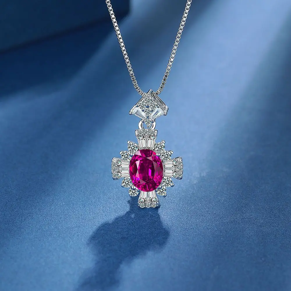 

Oval Cut Natural Garnet Created Red Ruby 925 Sterling Silver Cross Pendant Necklace for Women Gemstone Jewelry Colar de Prata