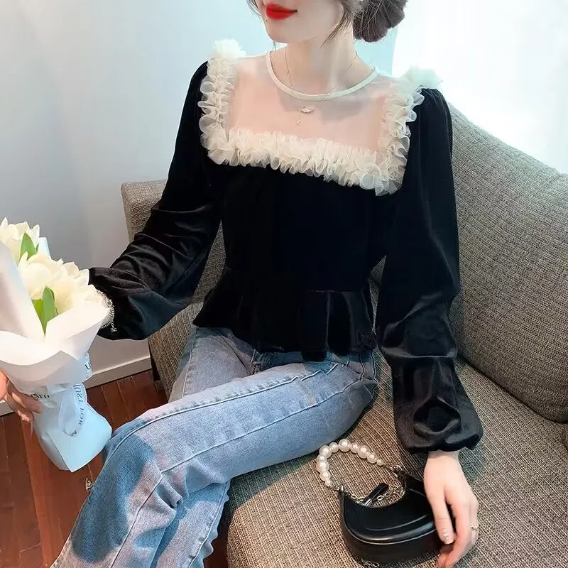 Lace Mesh Patchwork T-Shirt 2024 New Women Spring Autumn Petal Sleeve Canary Bottom Shirt Femme All-match Lace Blouses Tops