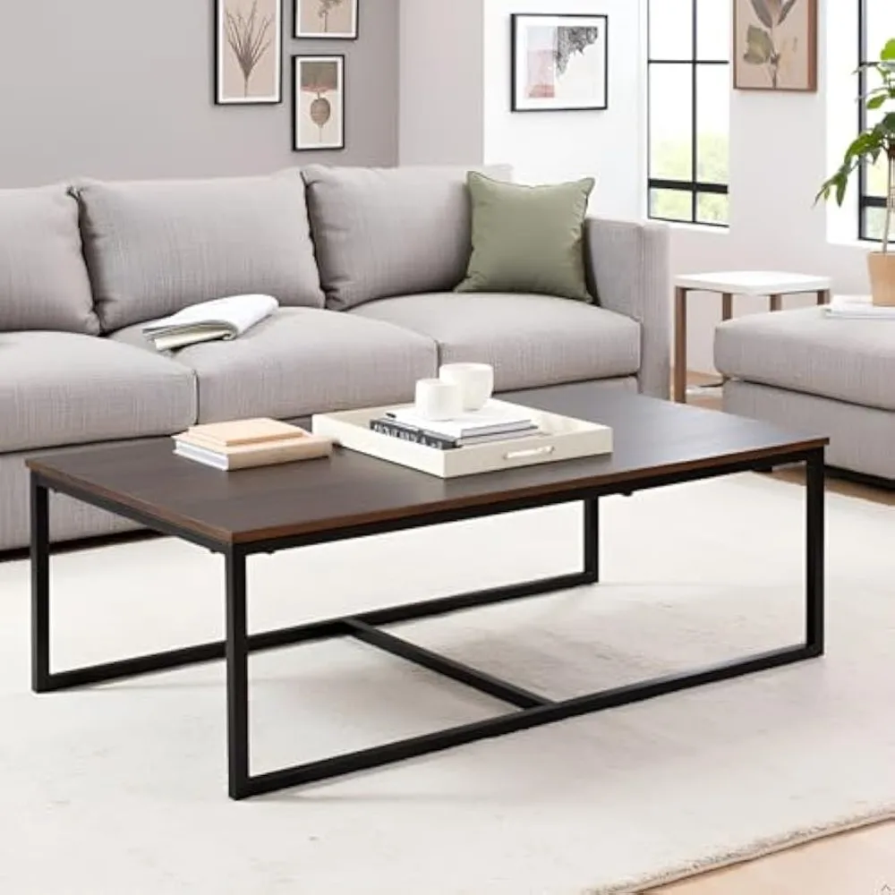 

Arcadia 54-Inch Acacia Wood Coffee Table – Industrial Living Room Table with Antiqued Mocha Finish, Metal Sled Legs, and Wide S