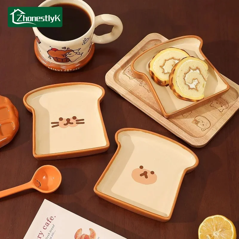 Cute Toast Bread Shaped Ceramic Dishes Cartoon Cat Dog Expressions Seasoning Dish Snack Plates Kitchen Tableware