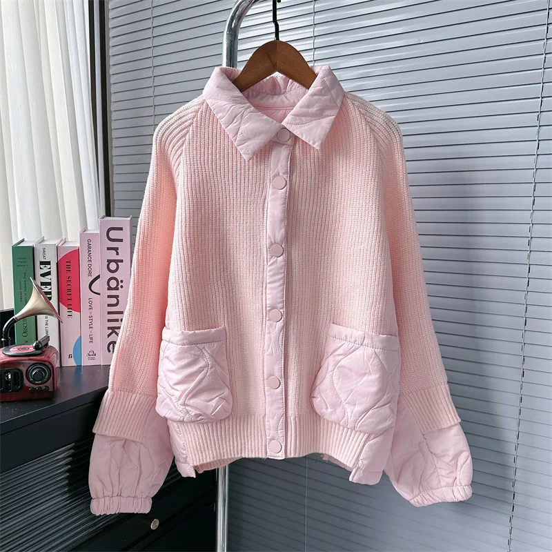 [EWQ] Casual Long Sleeve Spliced Cotton Pockets Knitted Cardigan Solid Loose Design Sweater Coats Women 2024 Autumn New 16O1477