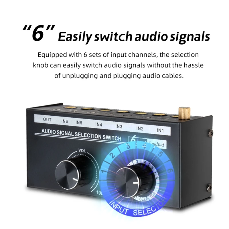 Audio Switcher -6-Way 3.5/6.35Mm Stereo Audio Switch - Signal Source Switcher Selector Splitter Box With Line Controller-AD03