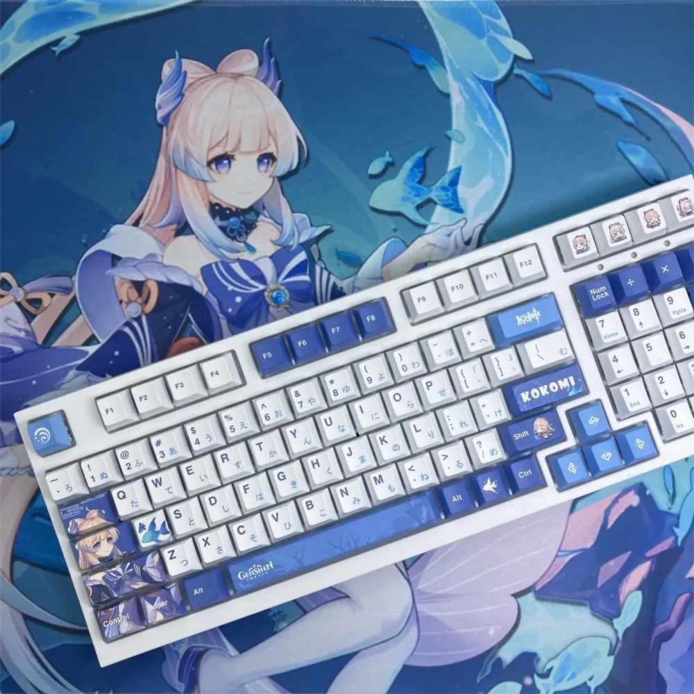 Teclas PBT de 128 teclas de Anime, teclas personalizadas de personajes de juego para Cherry MX Switch, Teclado mecánico Kokomi, alfombrilla de ratón