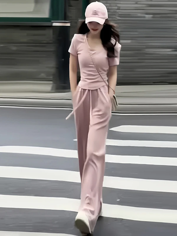 

Fashionable Pink Casual Sportswear Set Women's Short Sleeve T-Shirt Wide Leg Pants Two-Piece Suit Summer Slim Fit Pure Desire