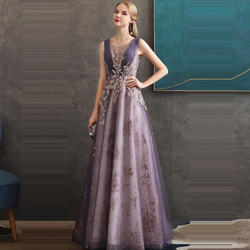 Evening Dress Purple Tulle Bling Appliques O-Neck Floor-Length Sleeveless A-Line Plus size Women Party Formal Gown Customization