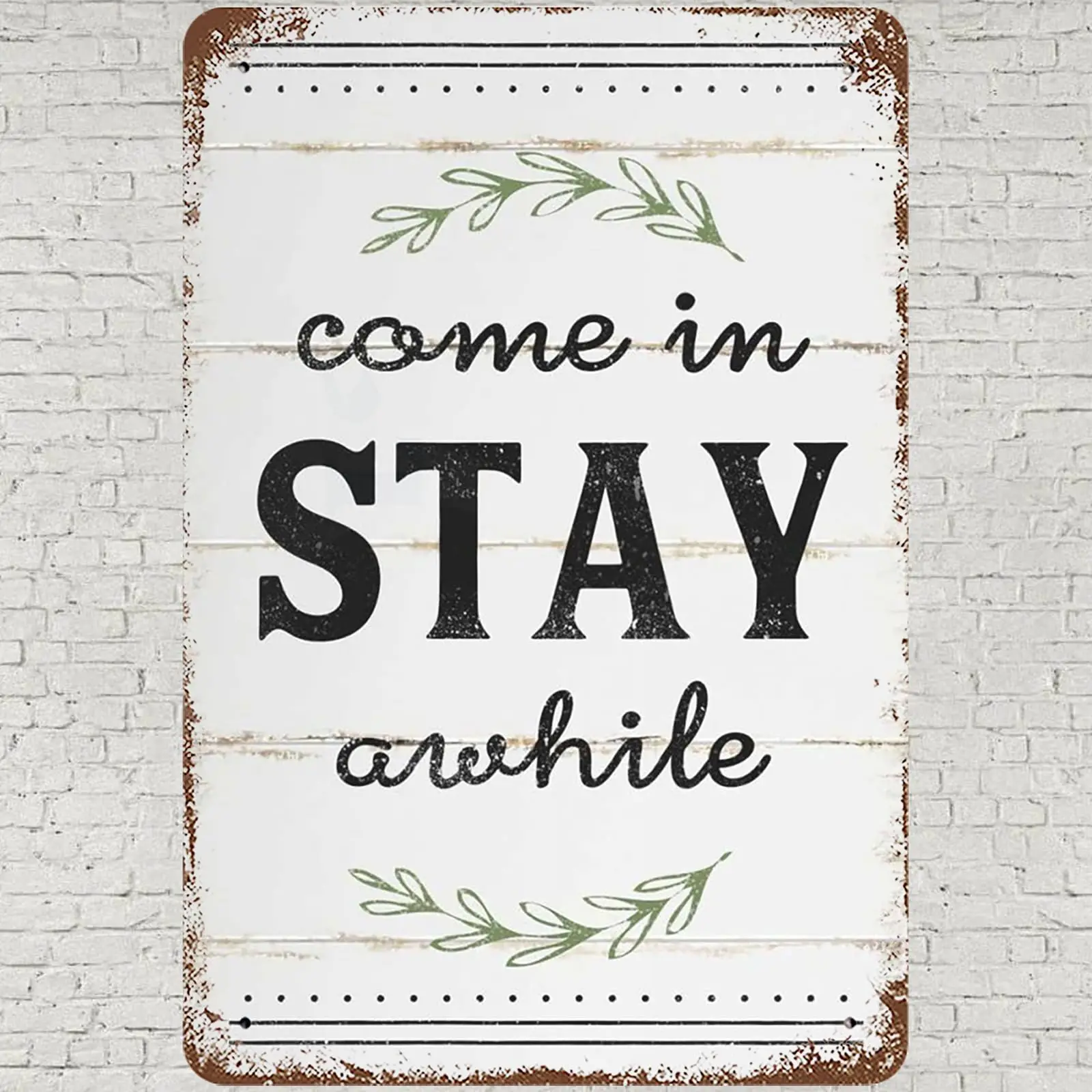 CHARLLR Vintage Metal Tin Sign 8x12, Come In Stay Awhile Wall Art Decor, Rustic Stay Awhile Poster for Home Living Room Bed sign