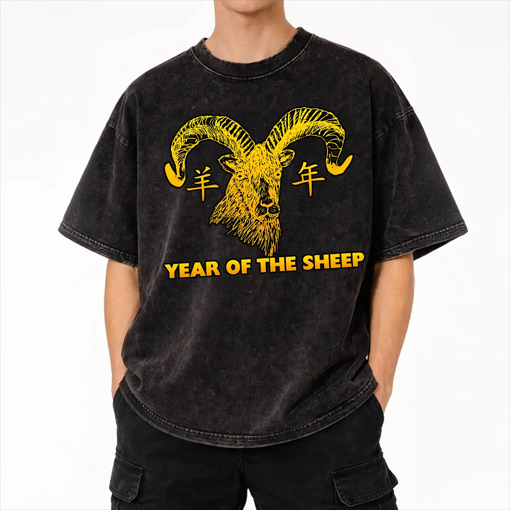 Summer Chinese New Year 2027 years of sheep goat Washed T Shirts Apparel Harajuku T-Shirt  for Men Women Tee